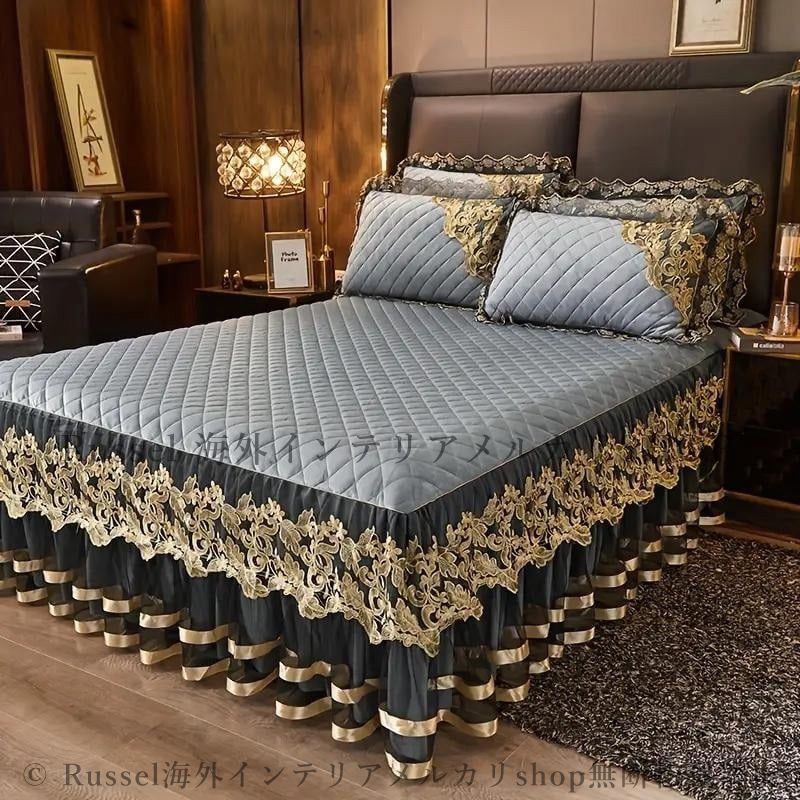 ベッドカバー3点セット ベッドスカート 枕カバー 寝具 ベルベット フリル付 ダブルベッド 153cm 200cm キルティング マットレスカバー エレガント かわいい 4-7 WWW_NOITHATQUANGTHANH_NET