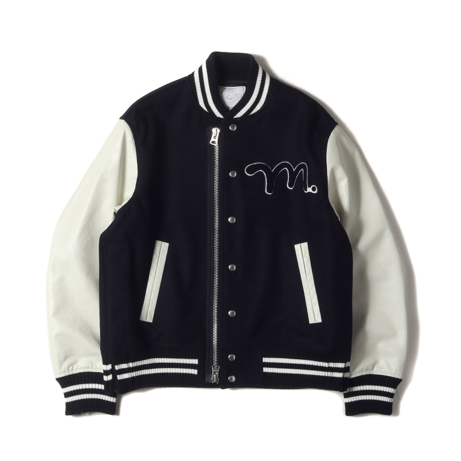 Sacai サカイ ジャケット サイズ:2 / 22AW MADSAKI ロゴ 刺繍 レザースリーブ メルトン スタジャン (MADSAKI Wool Melton Studium blouson) / ダークネイビー ホワイト