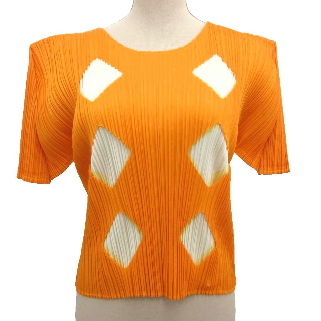 プリーツプリーズ PLEATS PLEASE カットソー 半袖 トップス ブラウス ダイヤカット 変形 パワーショルダー 4 XL オレンジ PP64-JK254