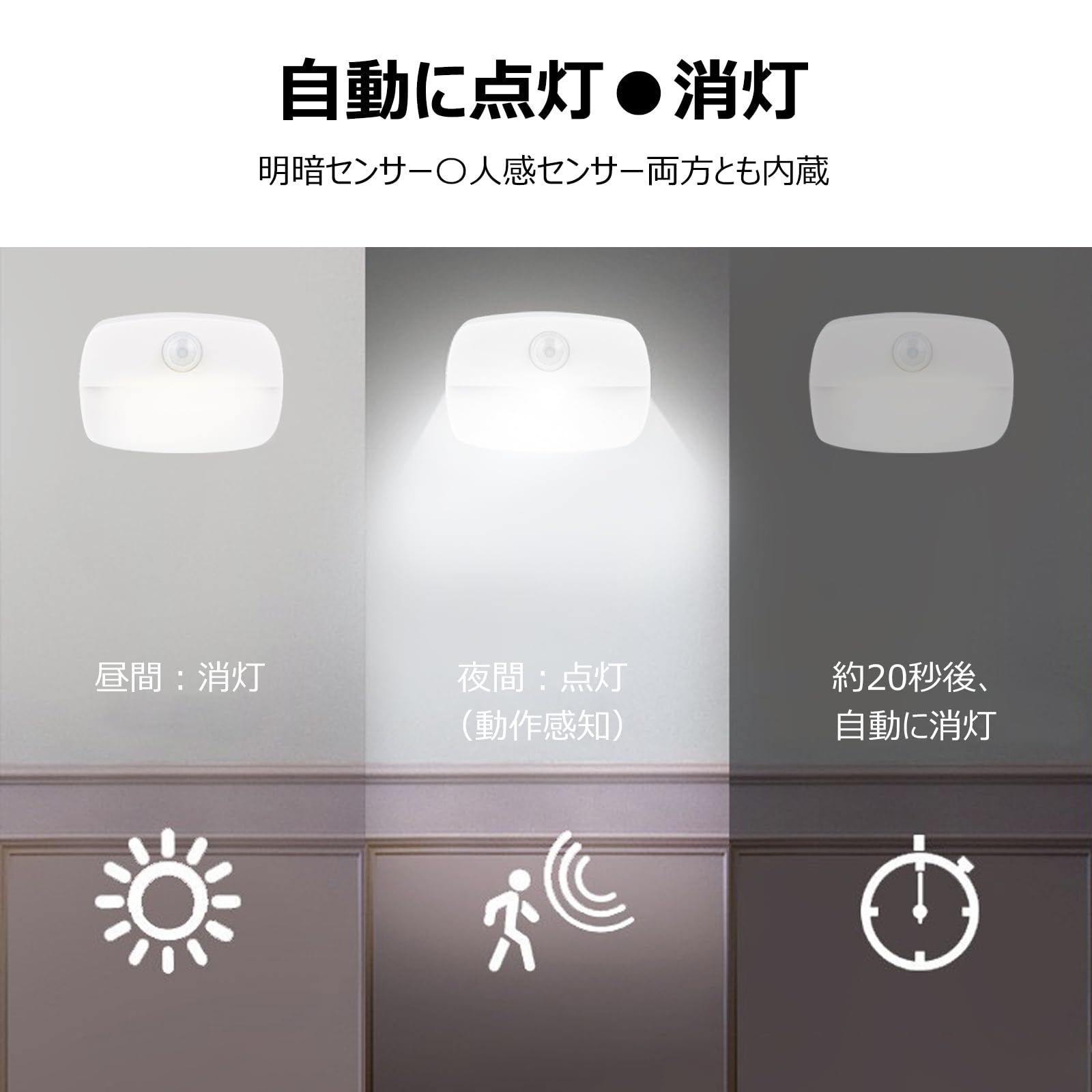 電池式 室内 Ledセンサーライト 人感センサーナイト ナイトライト明暗光センサー 配線不要 自動点消灯 冷蔵庫照明 玄関 クローゼット小さい 壁掛け 足元灯 懐中電灯 防災用品 停電対策3個セット フット