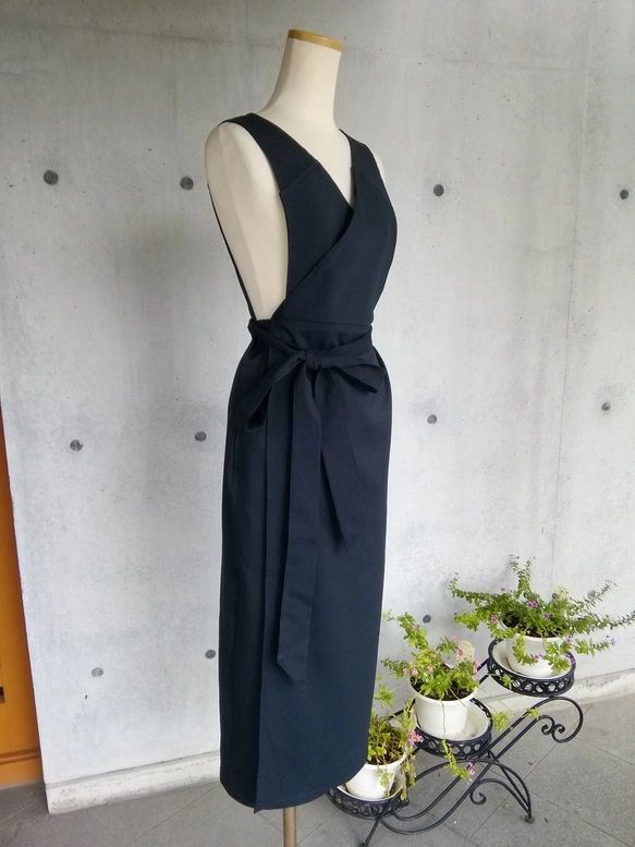 4 L 6 マットストレッチツイル 濃紺 茶道お稽古用エプロン羽織って着るウエストリボン127100 21 2