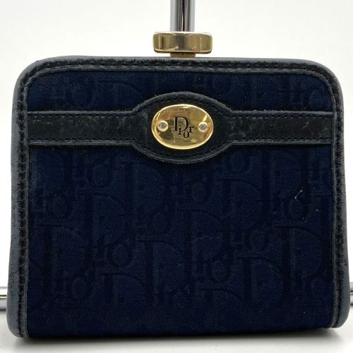 Christian Dior クリスチャンディオール トロッター コインケース 財布 がま口 ウォレット ミニ財布 ネイビー キャンバス レディース  小物 USED