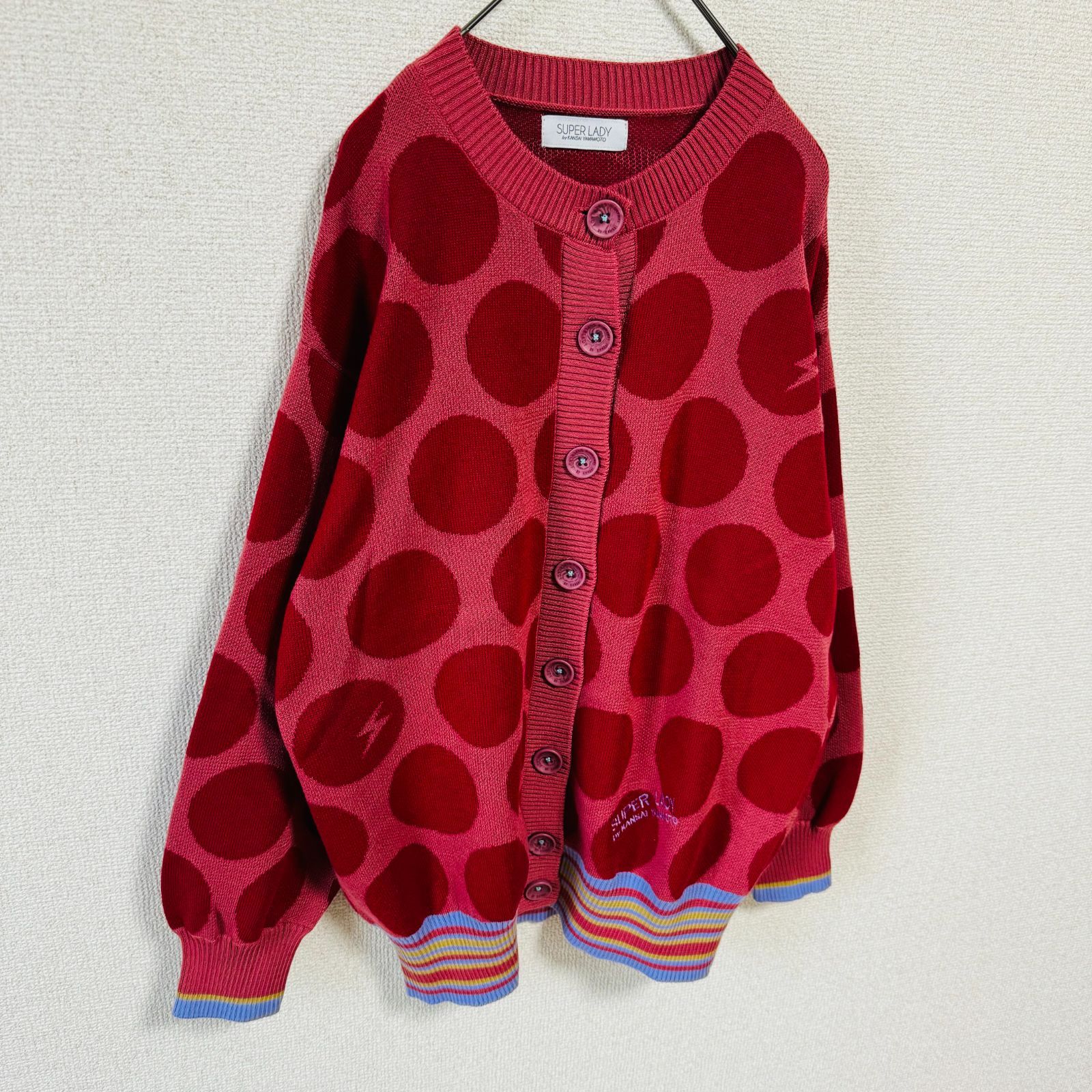 SUPERLADY BIGドット柄ニットカーディガン ブラック 山本寛斎 ピンク SUPERLADY BIGドット柄ニットカーディガン ブラック 山本寛斎
