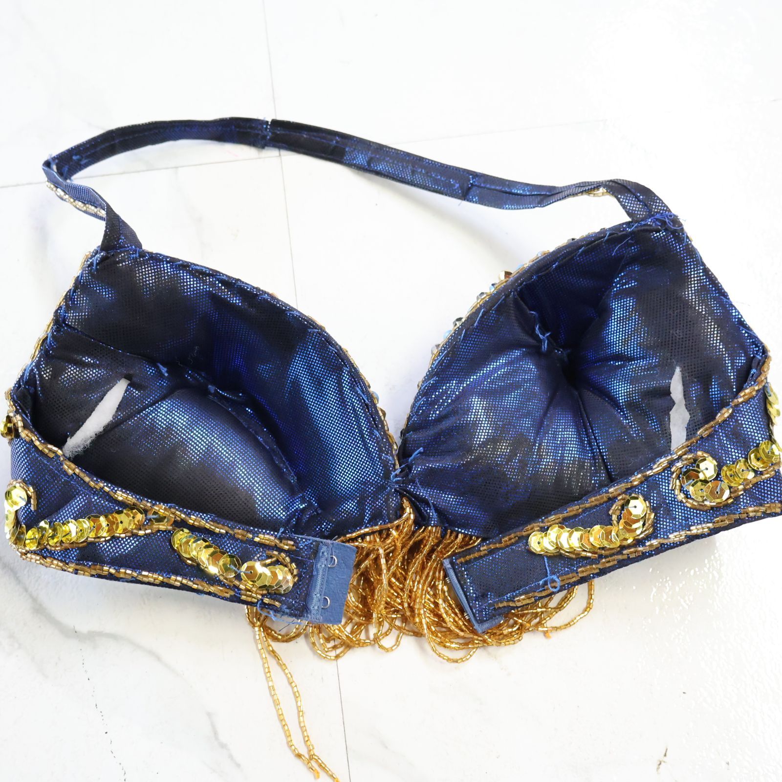 【ベリーダンス用オリエンタル衣装】ラメ入りブルー ブラトップ スリットスカート ベリーダンス用 オリエンタル衣装ブルー×ゴールド スパンコールラメ