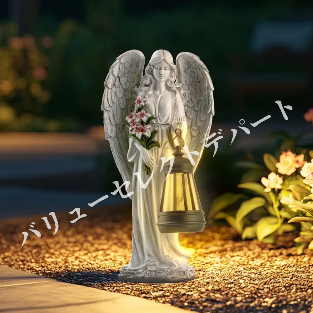 天使像 ソーラー ホワイト ウィング フローラル デザイン 防水 IPX4 庭園 装飾 芝生 パティオ ガーデン オブジェ 静音 雰囲気 ミステリアス 魅力的 スタチュー LED 光センサー 自動 点灯 レジン 製 耐久性 屋外 照明 アンティーク