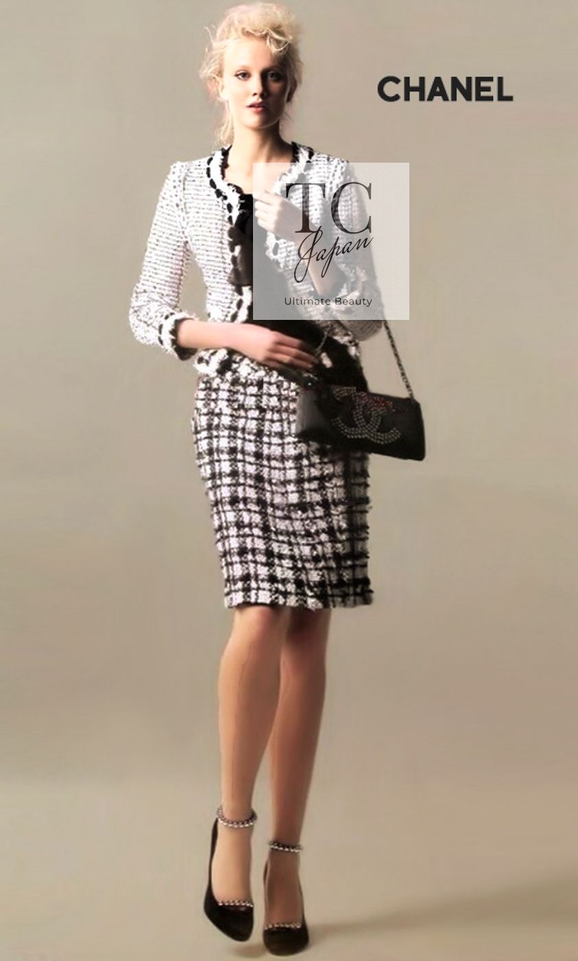 シャネル スカート CHANEL ホワイト ブラック 白 黒 ツイード