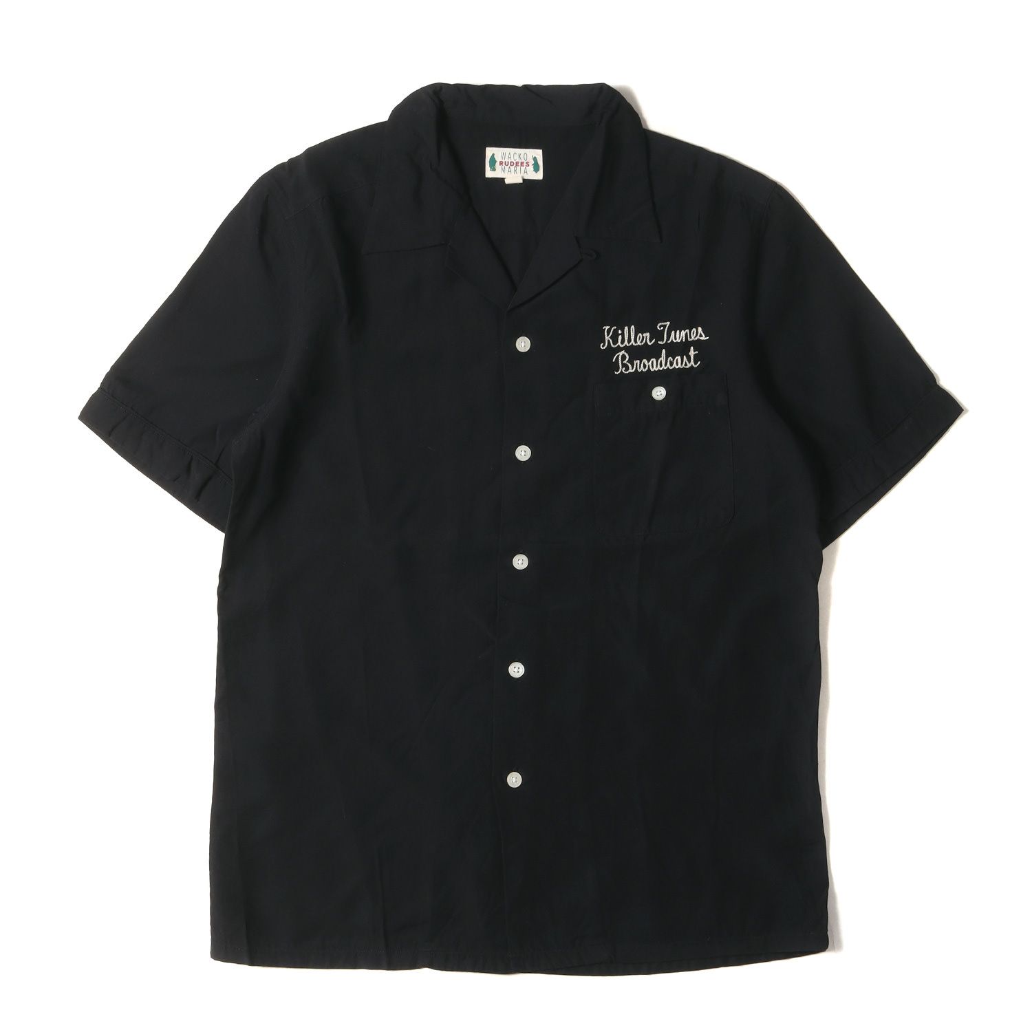 WACKO MARIA ワコマリア シャツ サイズ:L チェーン刺繍 ロゴ オープンカラー 半袖シャツ 50s Shirt ブラック 黒 トップス カジュアルシャツ【メンズ】
