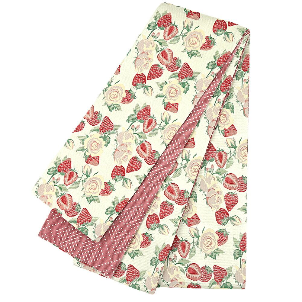半幅帯 浴衣帯 ゆかた帯 桐生織 ポリエステル 白地 赤 ピンク 花 薔薇 いちご 果物 苺 麻の葉 リバーシブル ユニーク 個性的 お No 10 5557
