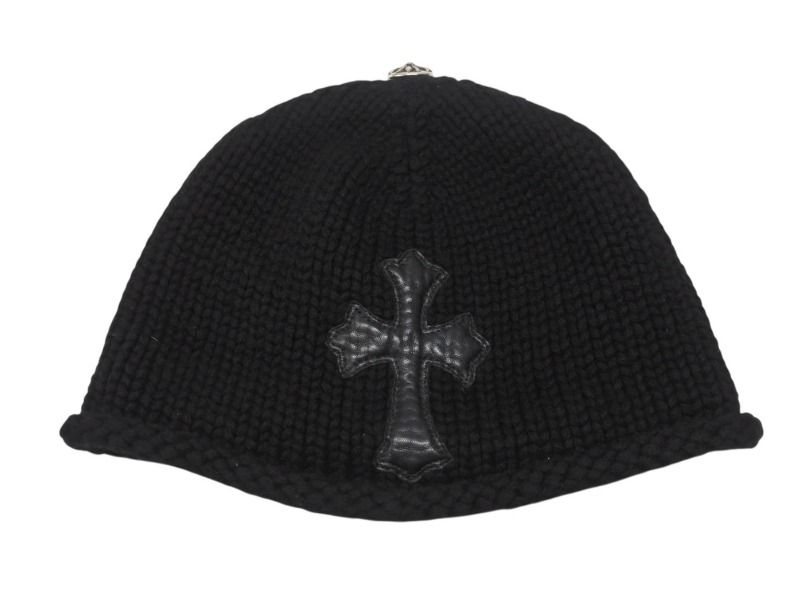 CHROME HEARTS クロムハーツ クロスパッチ ニットキャップ ビーニー カシミヤ レザー シルバー925 ブラック 4b007354