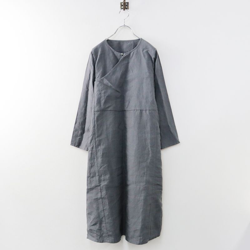 えみおわす ポケットワンピース/グレー リネン 長袖ロング スリット  