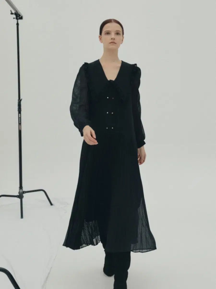 JSNY セーラー ビック フリル プリーツ シフォン ロング丈ワンピース シースルー 袖 ドット