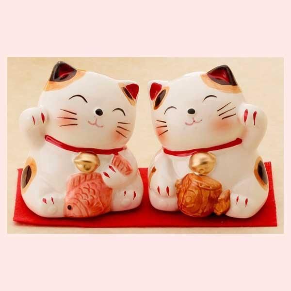 恵比寿・大黒猫　K3570　2個目～大幅値引き対象商品　※陶器，まねき猫，開運招福，縁起物，和，民芸品，工芸品，日本，レトロモダン，かわいい，可愛い，キャット，ねこ，置物，ファン