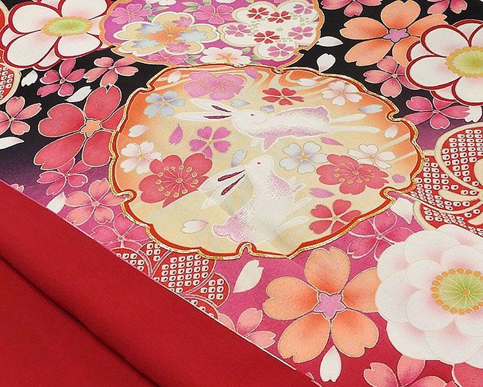 振袖 正絹 四季花雪輪うさぎ模様 身丈168cm 裄丈67.5cm 振袖 良品