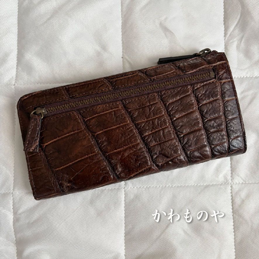 ハンドメイド 本革 クロコダイル（ワニ革）Ｌ字ファスナー長財布 ロングウォレット ブラウン 茶色 財布 クロコダイル 本革 長財布 Box Bandana 使い