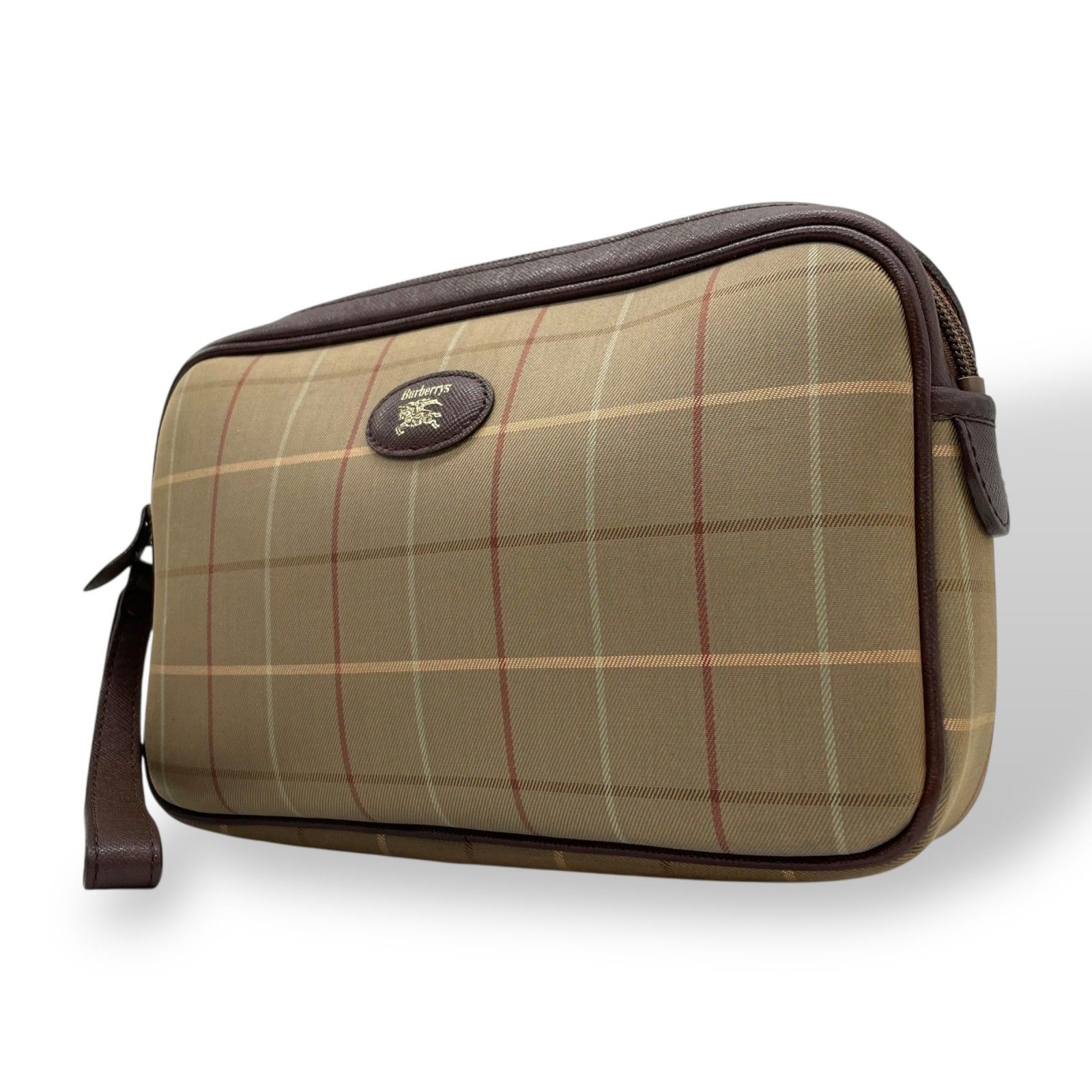 Burberry バーバリー クラッチバッグ セカンドバッグ ポーチ カーキ ブラウン キャンバス レザー チェック ホースロゴ メンズ レディース ヴィンテージ S97