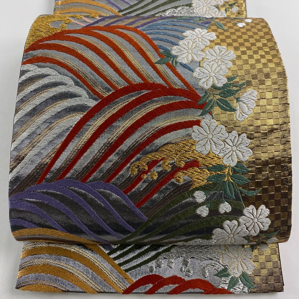 袋帯 桜の花に花菱や鹿子模様 焦茶色 金銀糸 振袖 O-4780 松川菱 花菱 桜花模様 金糸 袋帯 振袖帯 着物 023a p - メルカリ