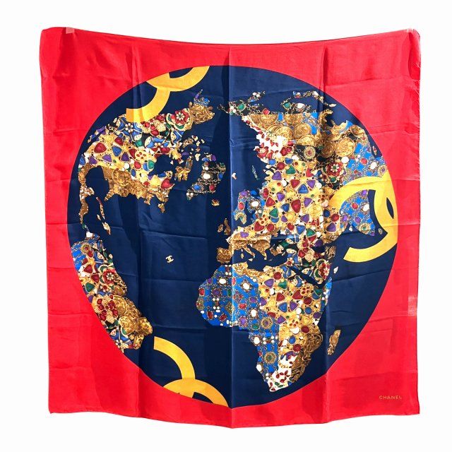 シャネル CHANEL スカーフ ストール シルク ココマーク ジュエリー柄 宝石 地球儀モチーフ 赤 レッド 紺 AA WY