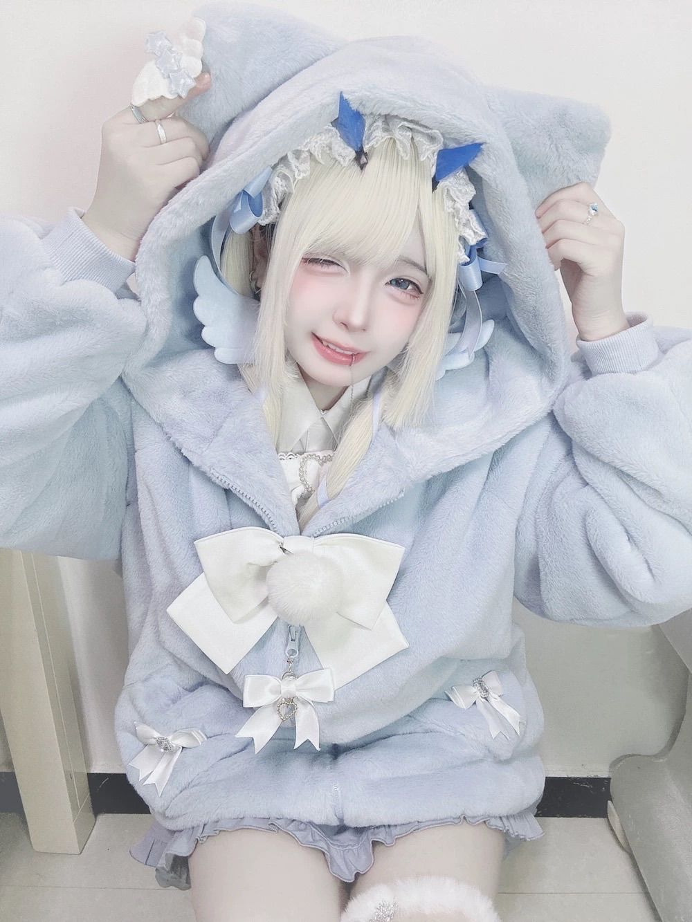 パステルブルー 猫耳フード付き パーカー サブカル 服 秋 春 フード付き ジャージ パーカー 地雷系 量産型 ロリータ 天使界隈