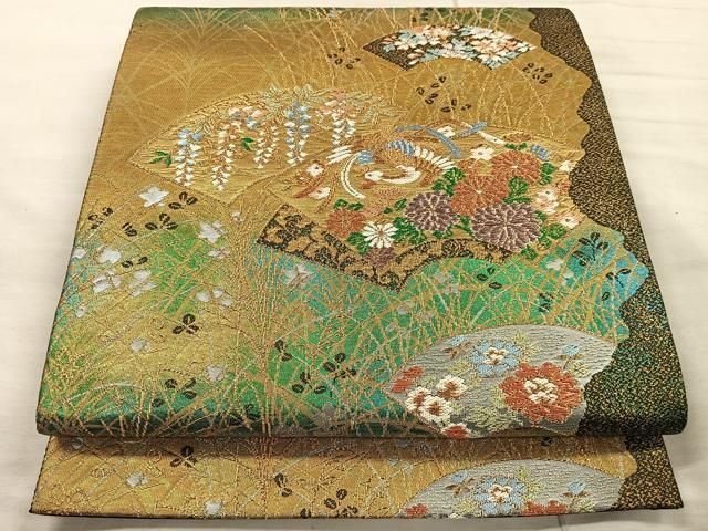 平和屋着物●太鼓柄袋帯　唐織　紬地　招き猫　生成り色　正絹　逸品　DAAU6885ob 平和屋着物○太鼓柄袋帯 唐織 紬地 招き猫 生成り色 正絹 逸品