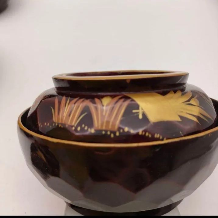 輪島塗 菖蒲 八橋図 蓋付椀 金蒔絵 縁金 溜塗 亀甲 明治時代 S155