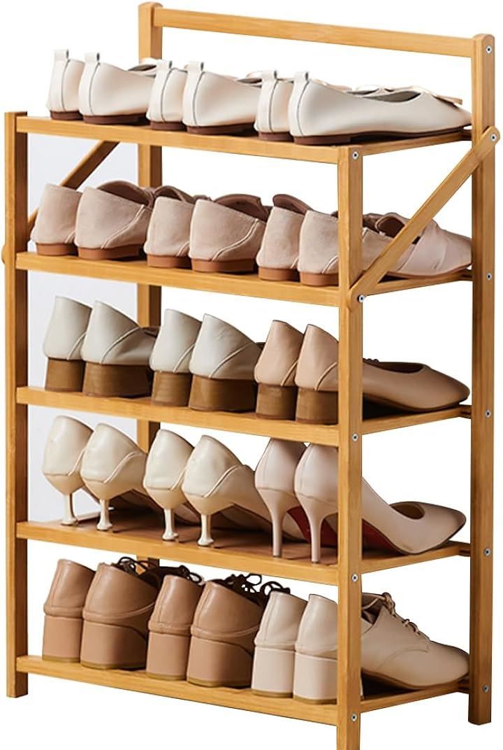 YICUCI シューズラック 折りたたみ 靴棚 天然竹製 靴箱 5段 組立不要 伸縮式 靴収納 シューズボックス 靴入れ 玄関収納 小物収納 移動しやすい(Log)