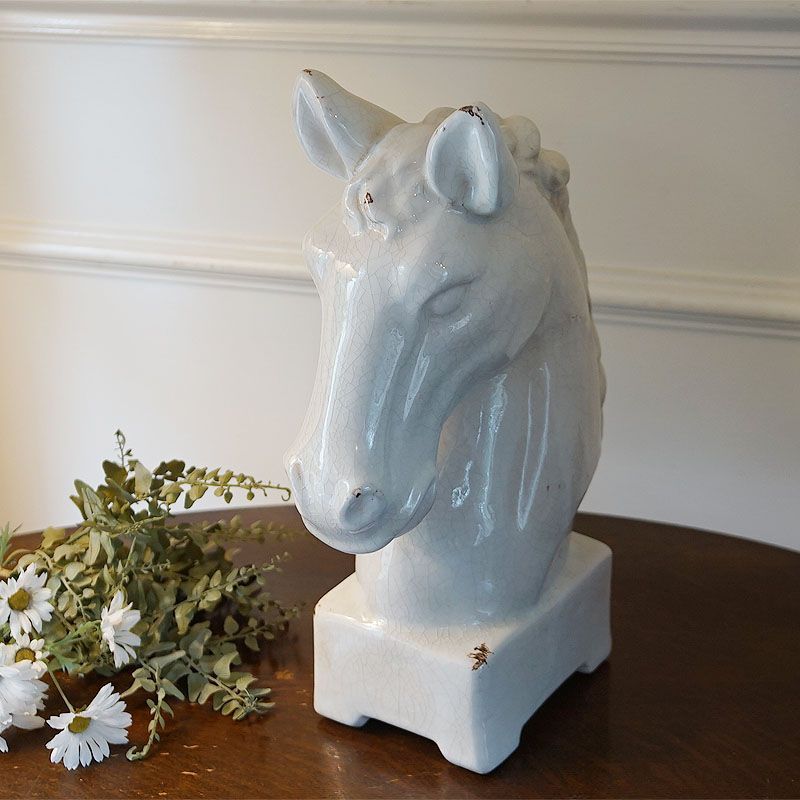 馬 ホースヘッド 置物 陶器製 アンティークホワイト仕上げ オブジェ