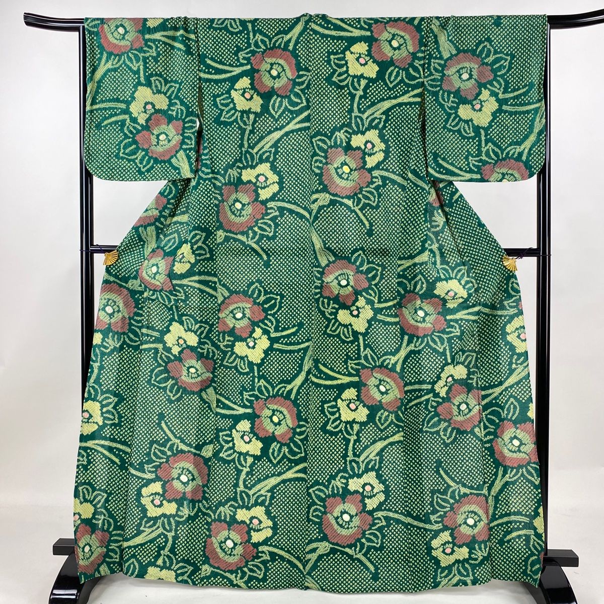 浴衣 身丈166cm 裄丈67cm M 絞り浴衣 椿 緑 綿 名品