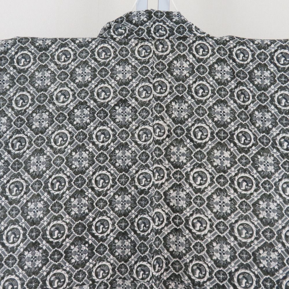 小紋 片身変わり 縞模様x千鳥格子模様 グレー 単衣 広衿 正絹 仕立て