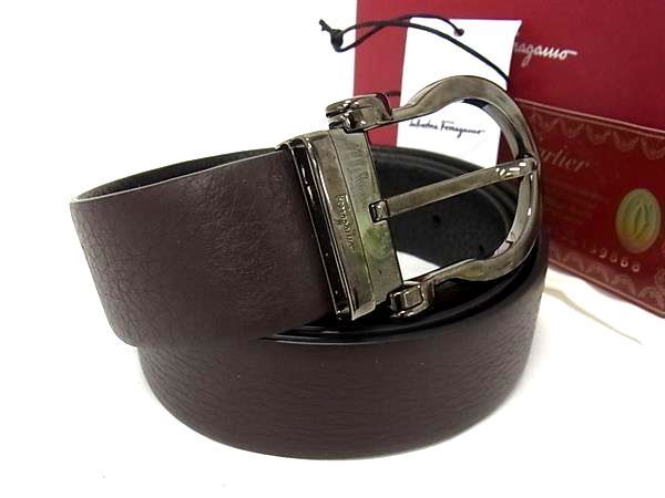 新品同様 Salvatore Ferragamo フェラガモ レザー ベルト ビジネス 紳士 メンズ ブラウン系×ブラック系 AT9044 