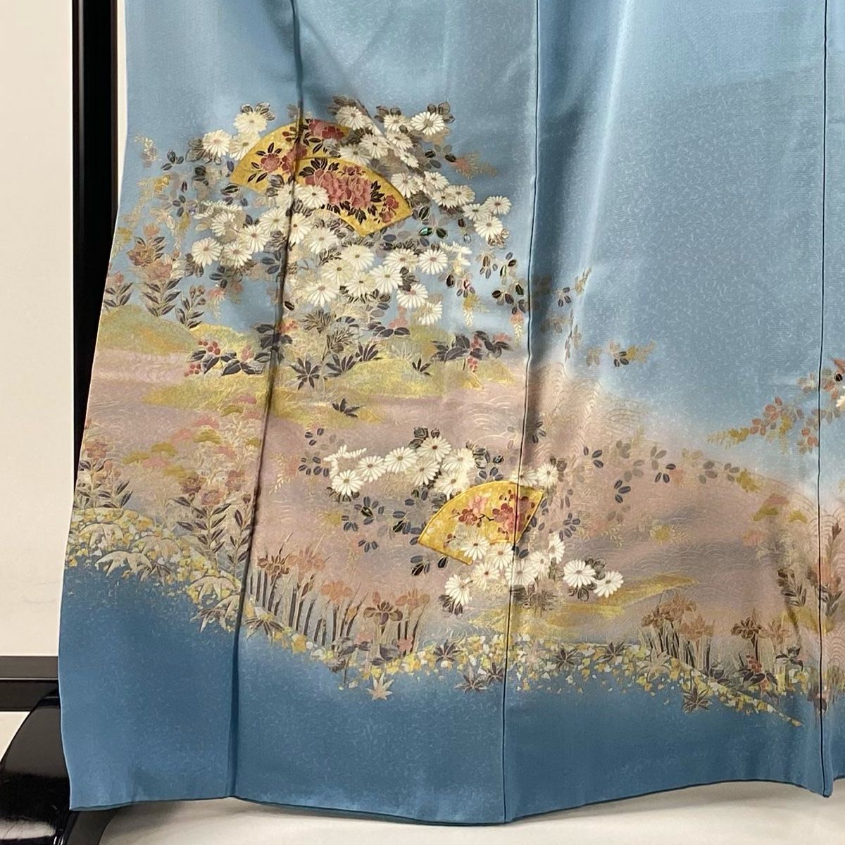 訪問着 身丈166.5cm 裄丈64cm M 袷 扇面 草花 螺鈿 金糸 水色 正絹 秀品