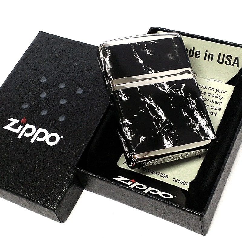 ジッポ ライター ZIPPO ロゴ ブラック ホワイト 大理石 4面加工 