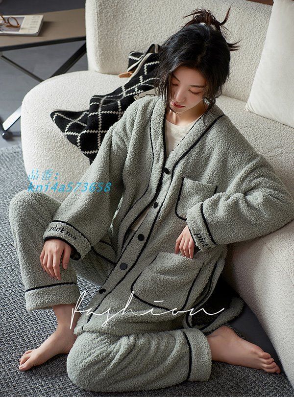 パジャマ 上下セット ルームウェア 前開き レディース かわいい 裏起毛 あったかい 厚手 大きいサイズ 秋冬 ゆったり 部屋着 着る毛布 kni4a573658