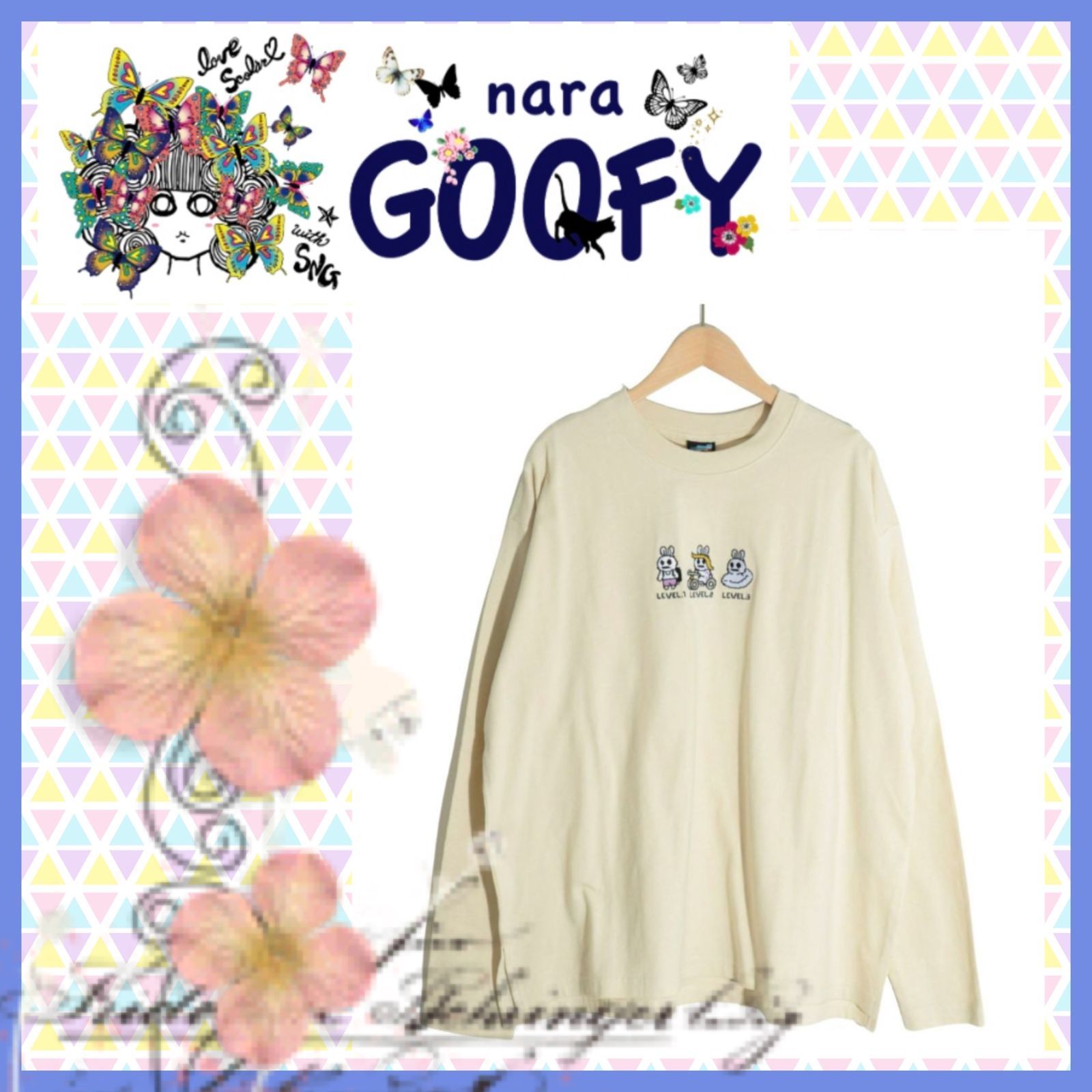 ラスト1点※ 331003：うさぎの進化刺繍ロングスリーブTシャツ（5