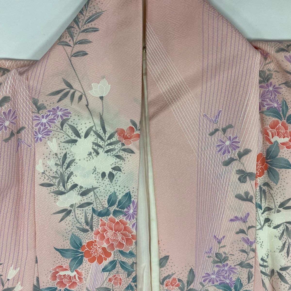 小紋 身丈167cm 裄丈67cm M 袷 草花 ぼかし ピンク 正絹 優品