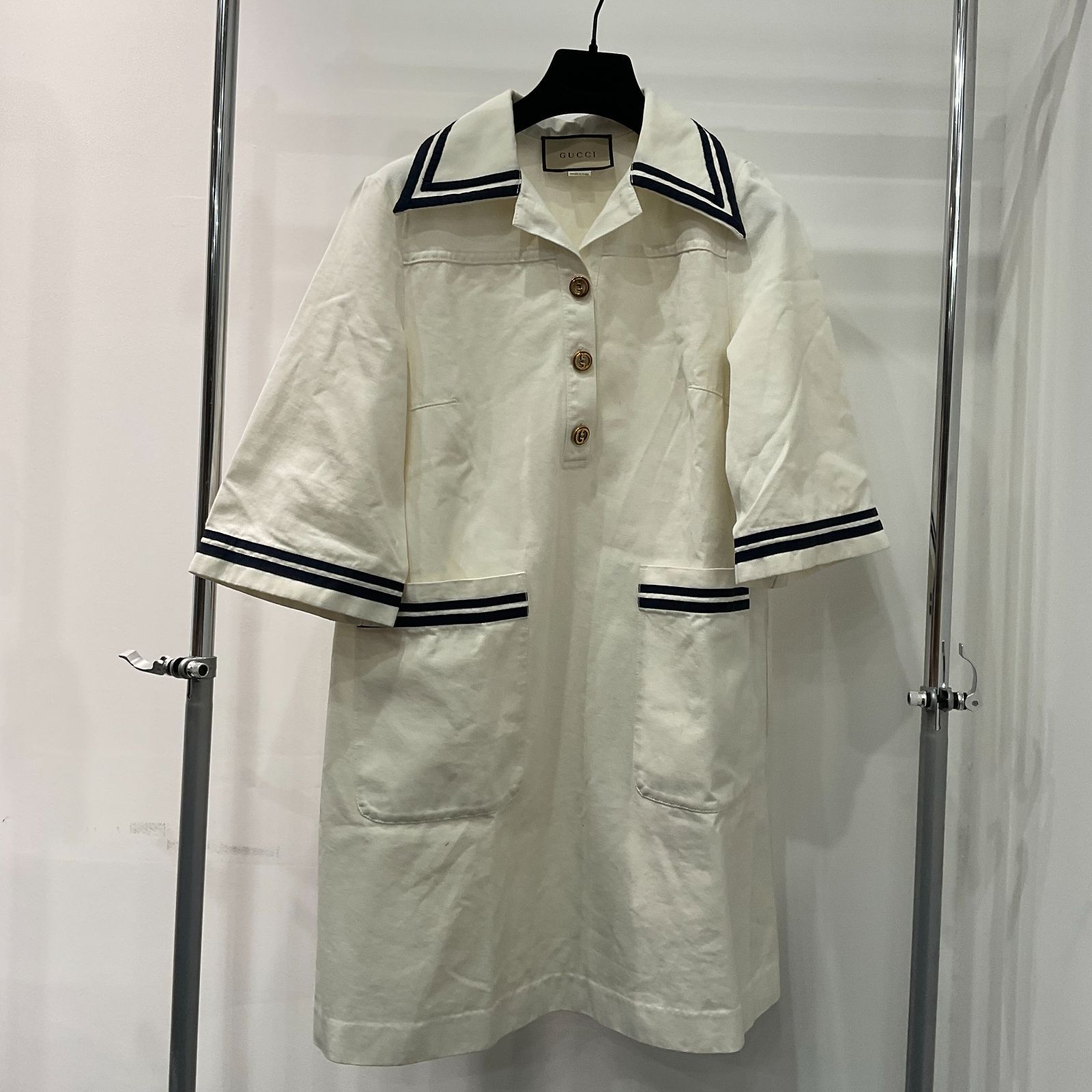 GUCCI グッチ 691890 ワンピース ストライプトリム マリンテイスト GGボタン 白×ネイビー 38 ワンピース D25082161