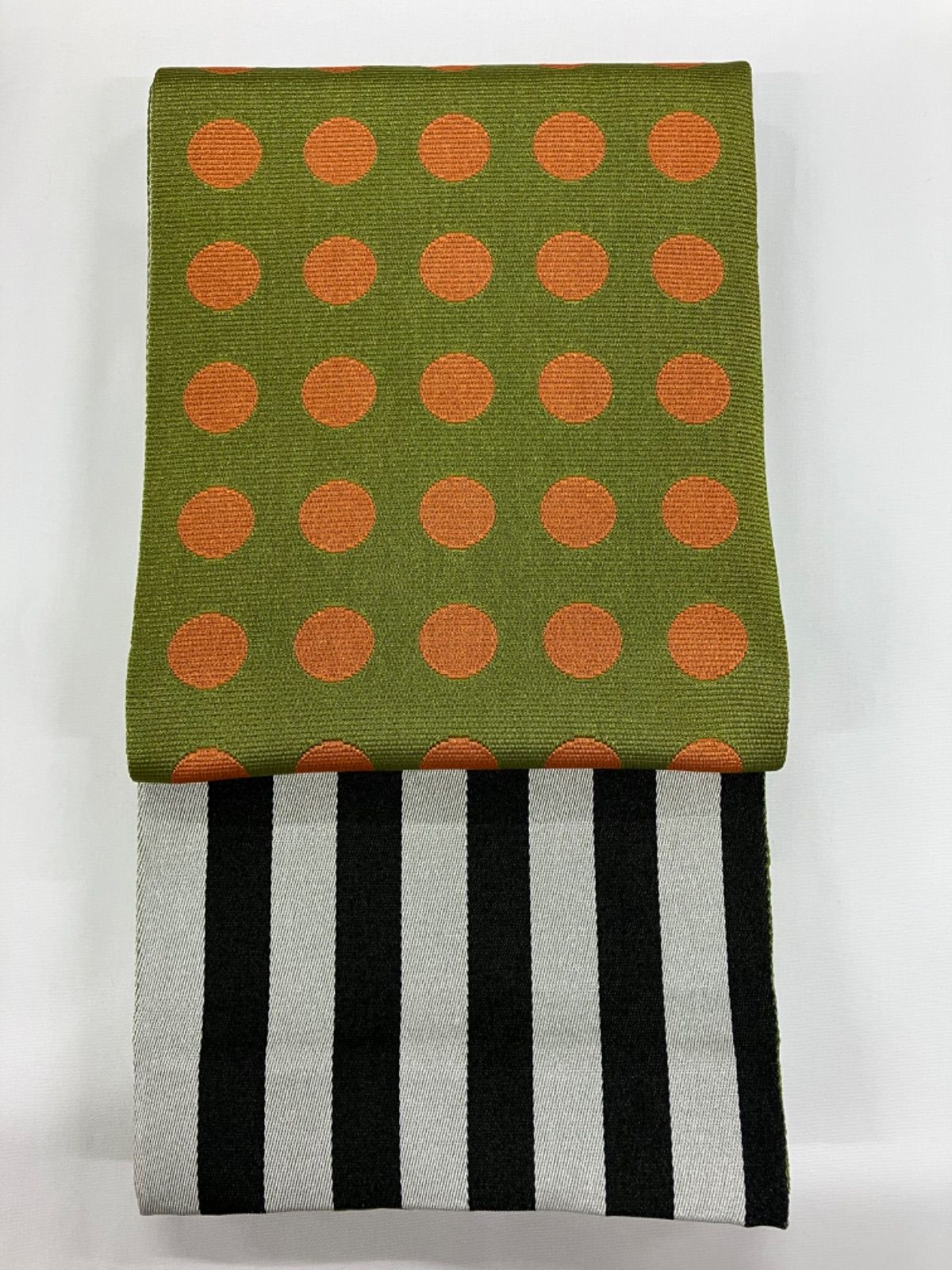 ≪花ラブリ≫HO 560緑 半巾帯 リバーシブル ストライプ ドット 水玉 緑 オレンジ 和装 和服 ハロウィーン 7700-N 2