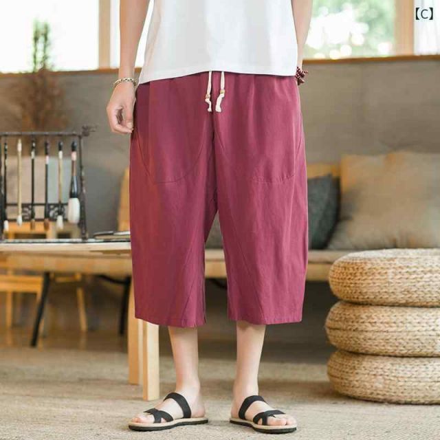 [5XL] メンズ ファッション 服 男性用 オシャレ シンプル 大人 かっこいい 大きいサイズ ストリート 紳士服 クロップド パンツ 夏 薄手 リネン コットンリネン ゆったり ワイド レッグ カジュ 5.6オンス 種類133：5XL&frasl;T：ライトグレーダークブルー メンズ