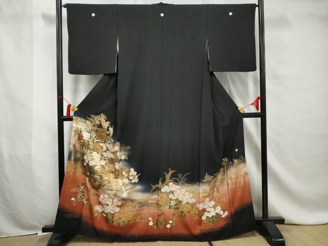 平和屋着物□豪華黒留袖 作家物 流水花車文 暈し染め 金銀彩