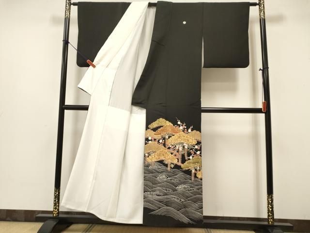 平和屋着物□豪華黒留袖 駒刺繍 立波松梅文 金彩 正絹 逸品
