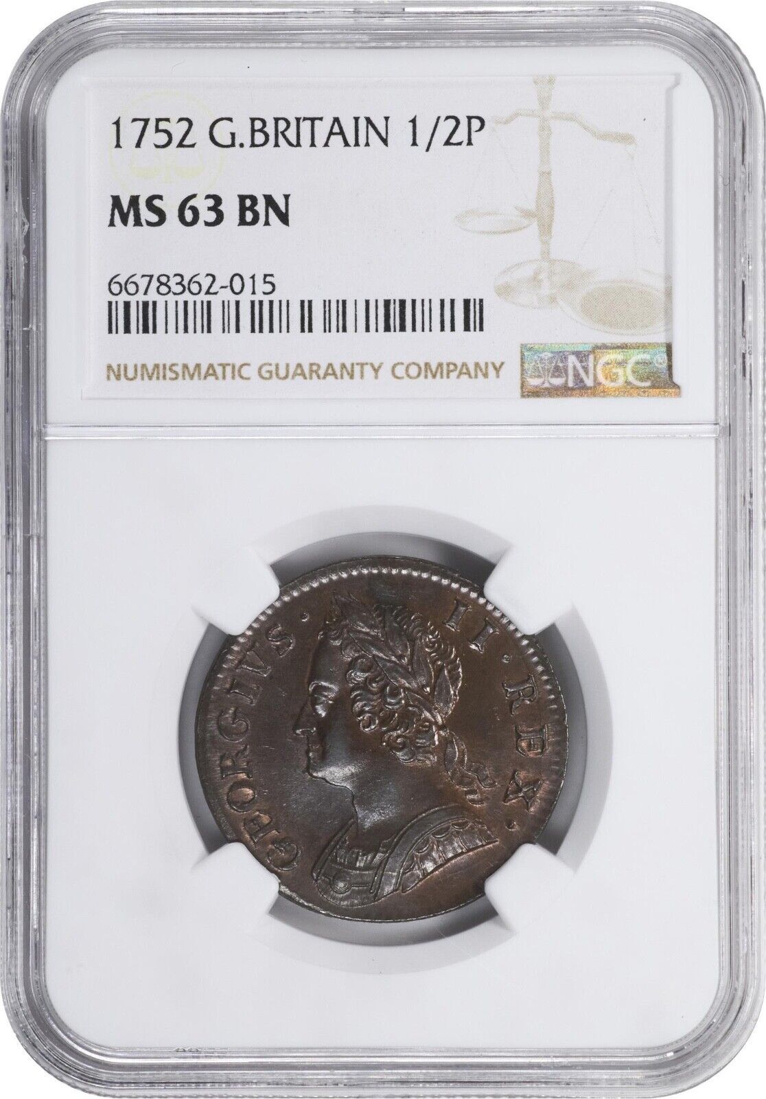 ENGLAND GEORGE II 1752 1|2D HALF PENNY COIN UNCIRCULATED NGC CERTIFIED MS63-BN