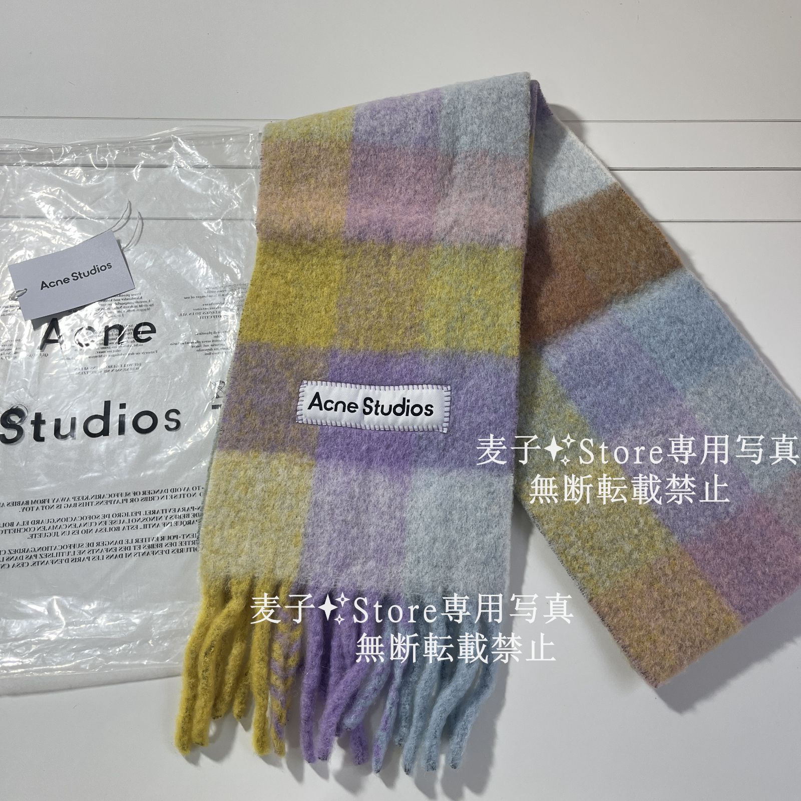 新品】 Acne Studiosアクネ ストゥディオズ マフラー モヘアチェック スカーフ イエロー/パープル/ブルー - メルカリ