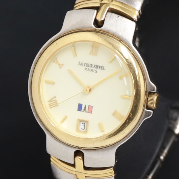 腕時計 新品 フランス製 LA TOUR EIFFEL 稼働品 デッドストック QZ LA TOUR EIFFEL TE-1007G アイボリー文字盤 デイト