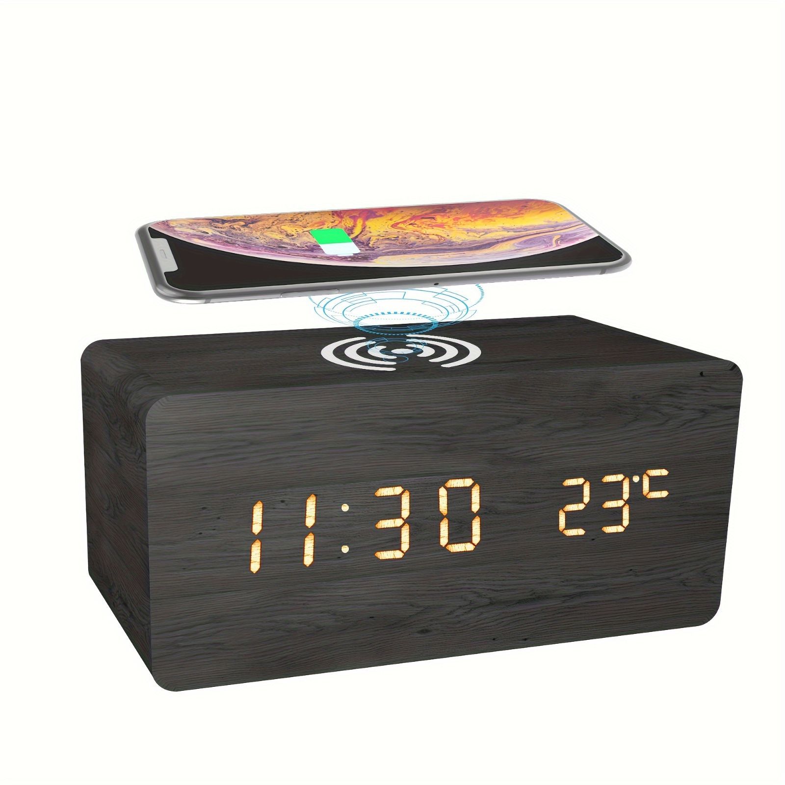 目覚まし時計 ワイヤレス充電 デジタル時計 置き型時計 16cm スマホ充電 木製 LED ブラック 調光可能 12/24表示 アラーム t452