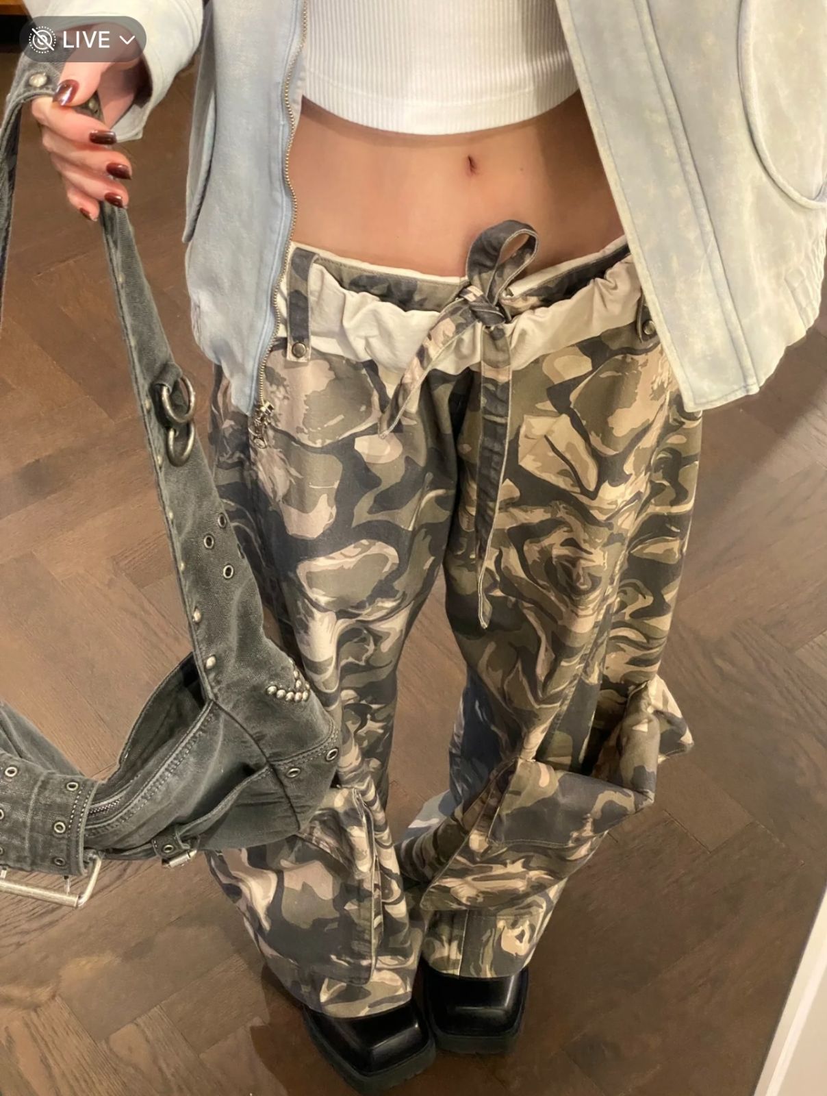 OPEN YY ザオープンプロダクト ボトムス パンツ 韓国ファッション ロールウエスト 迷彩パンツ