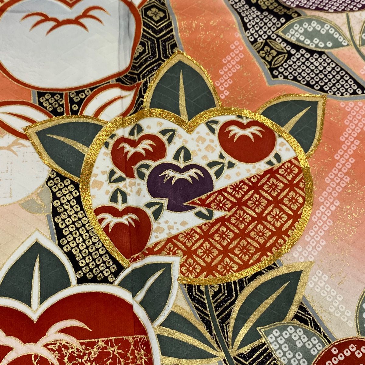 振袖 身丈156cm 裄丈64cm M 袷 橘 熨斗 金糸 金彩 赤茶 正絹 秀品