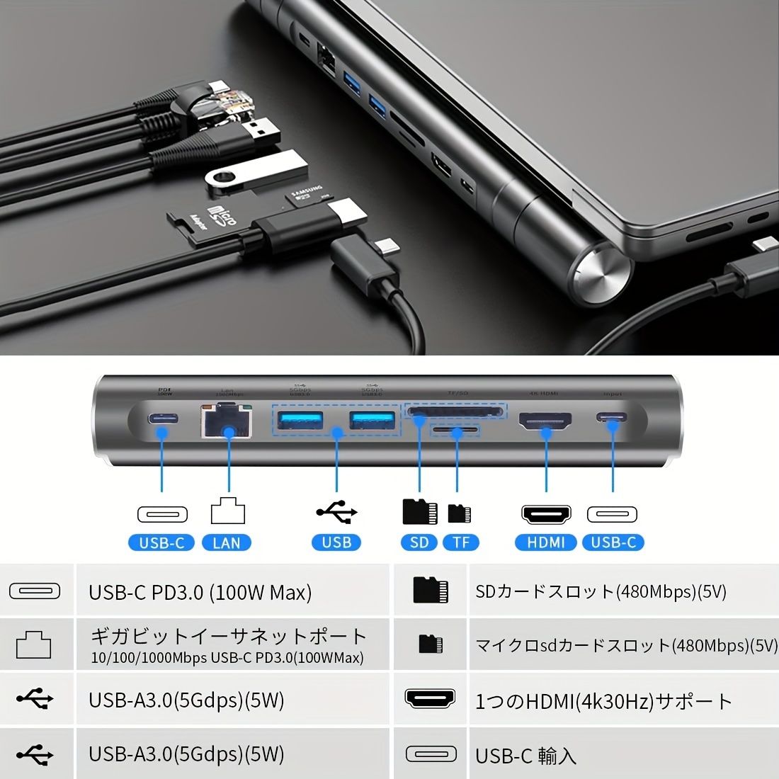 8-in-1 USB ハブ PC スタンド ドッキングステーション 4K 30Hz HDTV ラップトップスタンド ドック 100W急速充電 2 x USB 3.0 5 Gbps データ転送 2 x USB-C ポート Type-C ハブスタンド タイプ 1