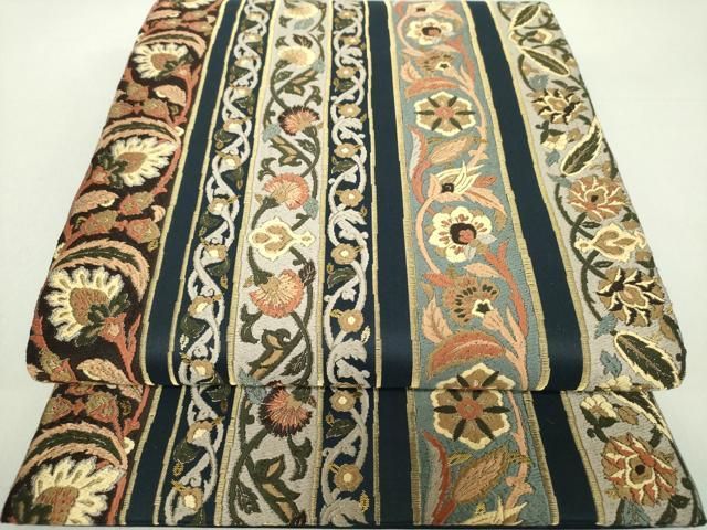 平和屋本店□極上 六通柄袋帯 唐織 藍染 浮文錦 宝尽くし花文 逸品  