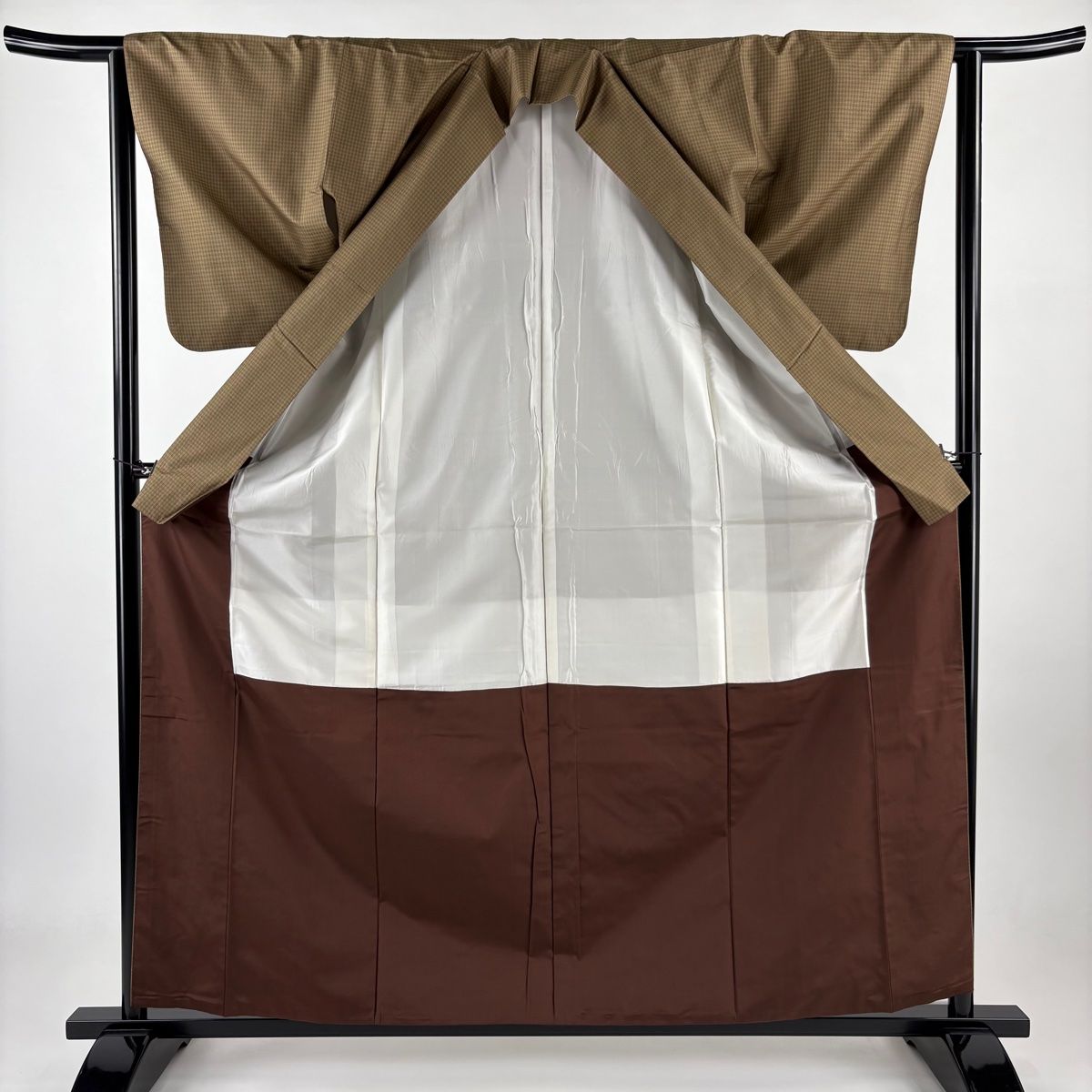 紬 身丈160.5cm 裄丈63cm S 袷 幾何学模様 茶色 正絹 秀品 【中古