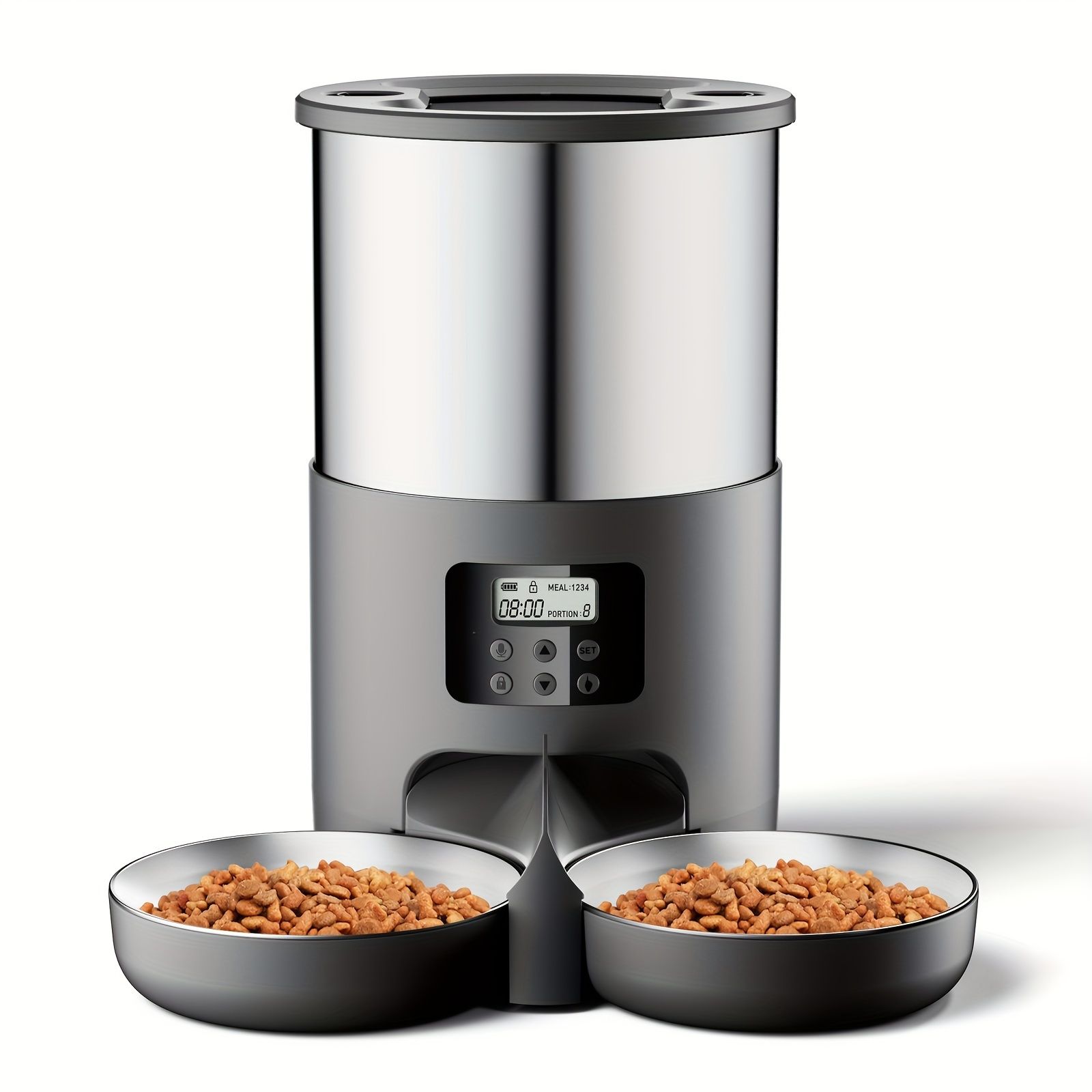 1pc 自動ペットフィーダー 猫と小型から中型犬用 4.5L ステンレススチールディスペンサー デュアルパワー 6ボタンコントロール 2つのボウル付き ボイスレコーディング機能付き 旅行や家庭での使用に最適 - バッテリーは含まれていません