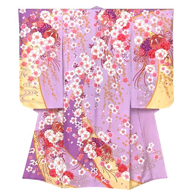 七五三 着物 7歳 女の子 フルセット 正絹 刺繍入り 着物と結び帯 コーデセット 藤色 枝垂れ桜に鞠 ID7S-2401d101MM